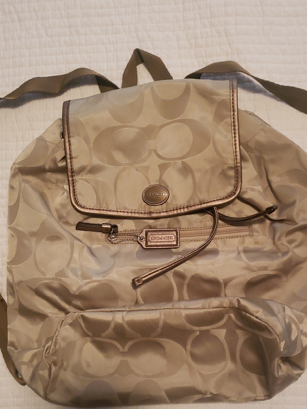 Coach Taupe Signature Nylon Backpack with Metallic Trim